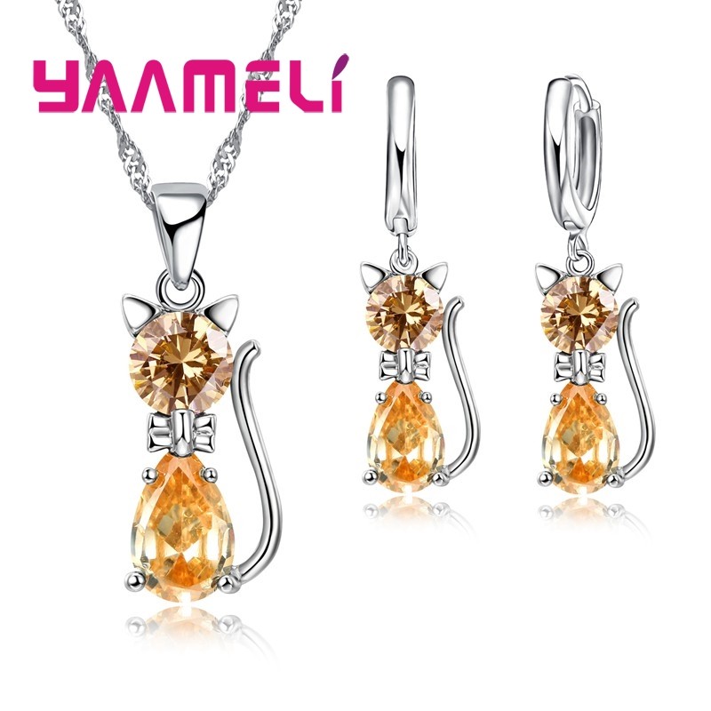 925 Sterling Silver Cat Jewelry Set Austrian Crystal Necklace & Huggie Earrings for Women & Girls