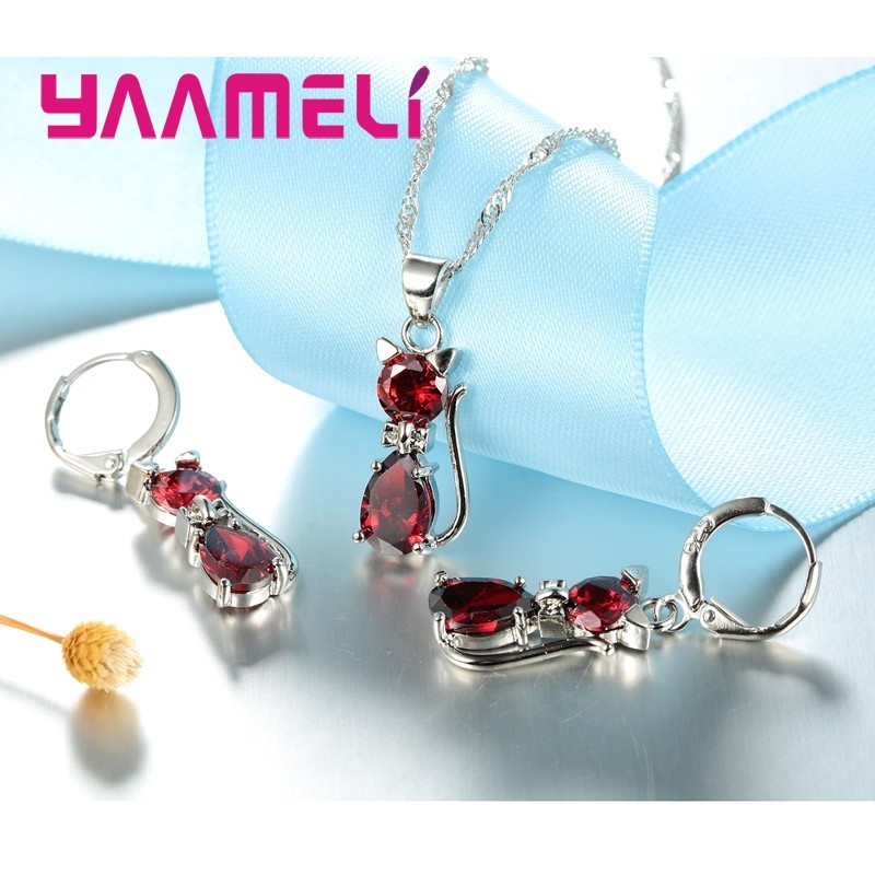 925 Sterling Silver Cat Jewelry Set Austrian Crystal Necklace & Huggie Earrings for Women & Girls