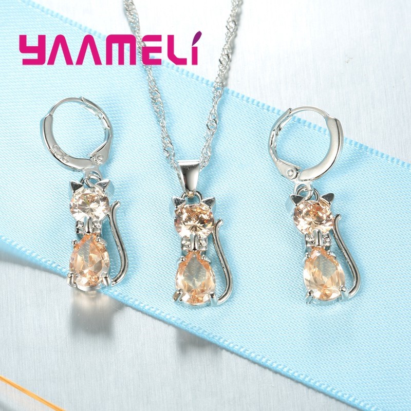 925 Sterling Silver Cat Jewelry Set Austrian Crystal Necklace & Huggie Earrings for Women & Girls