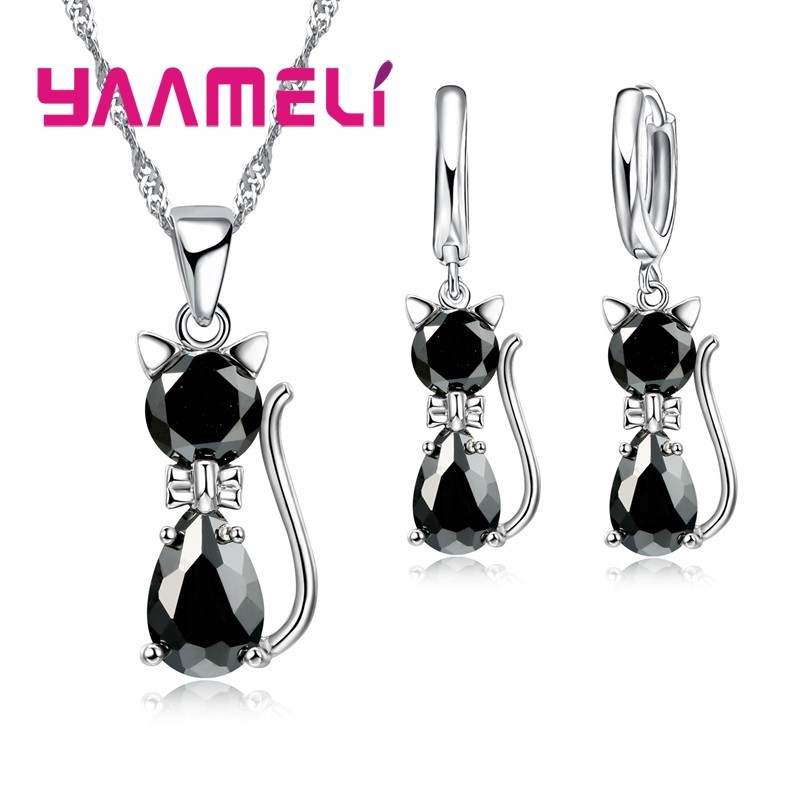 925 Sterling Silver Cat Jewelry Set Austrian Crystal Necklace & Huggie Earrings for Women & Girls