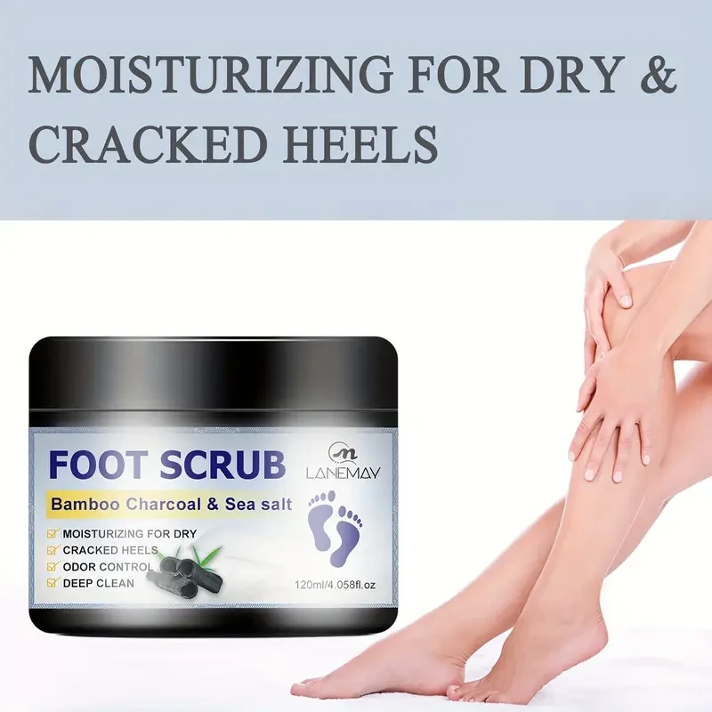Lanemay Bamboo Charcoal & Sea Salt Foot Scrub - Hypoallergenic Exfoliating Treatment for Dry, Cracked Heels