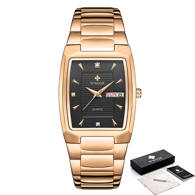 WWOOR 2024 Mens Square Watch Luxury Gold Stainless Steel Quartz Wristwatch
