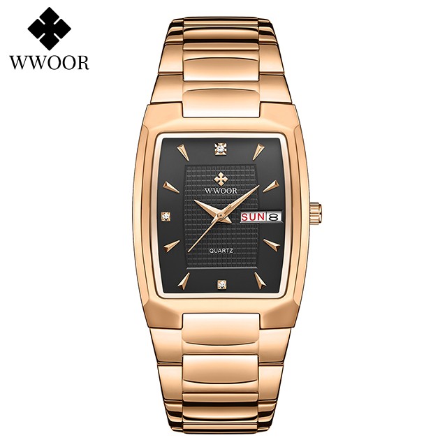 WWOOR 2024 Mens Square Watch Luxury Gold Stainless Steel Quartz Wristwatch