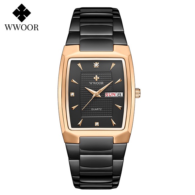 WWOOR 2024 Mens Square Watch Luxury Gold Stainless Steel Quartz Wristwatch