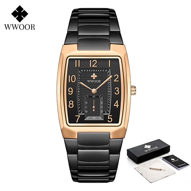WWOOR 2024 Mens Square Watch Luxury Gold Stainless Steel Quartz Wristwatch