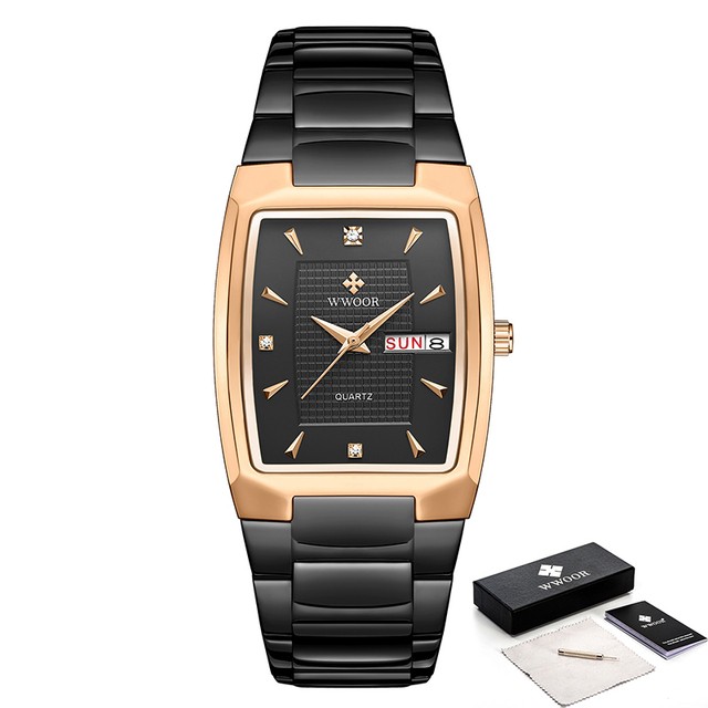 WWOOR 2024 Mens Square Watch Luxury Gold Stainless Steel Quartz Wristwatch
