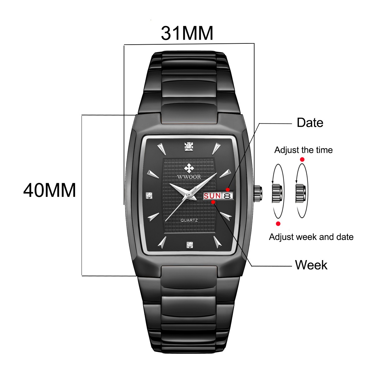 WWOOR 2024 Mens Square Watch Luxury Gold Stainless Steel Quartz Wristwatch