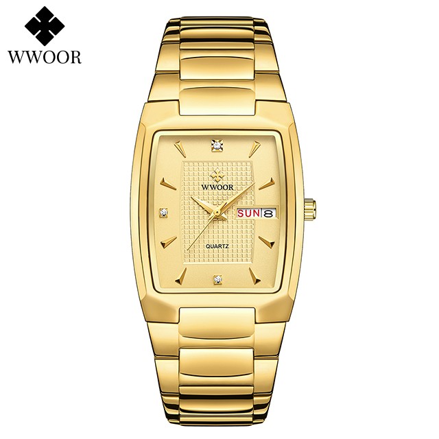 WWOOR 2024 Mens Square Watch Luxury Gold Stainless Steel Quartz Wristwatch
