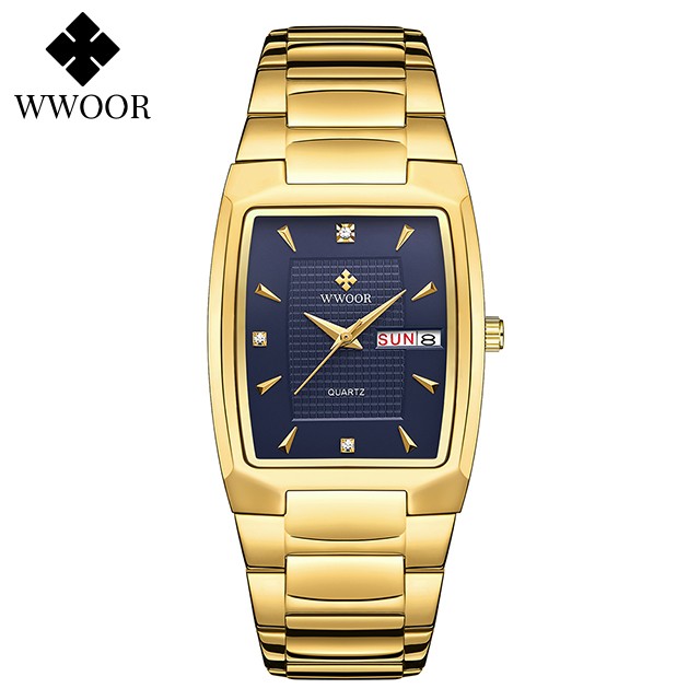 WWOOR 2024 Mens Square Watch Luxury Gold Stainless Steel Quartz Wristwatch