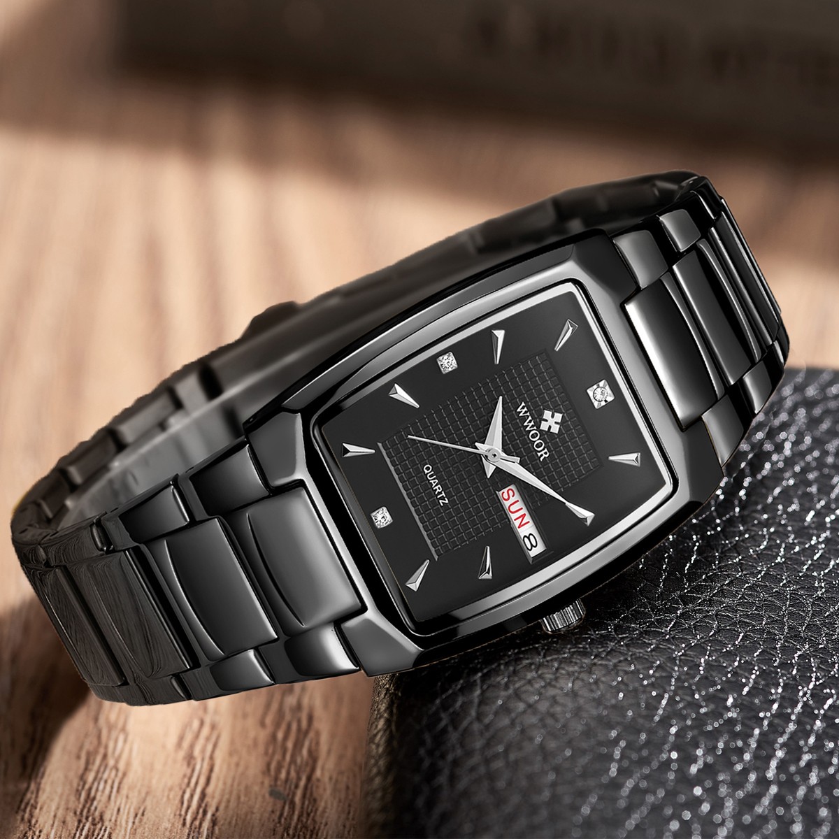 WWOOR 2024 Mens Square Watch Luxury Gold Stainless Steel Quartz Wristwatch