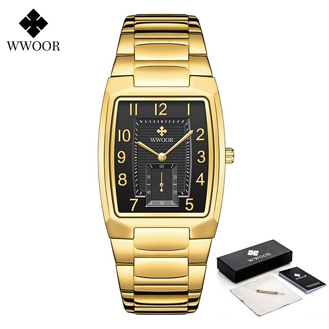 WWOOR 2024 Mens Square Watch Luxury Gold Stainless Steel Quartz Wristwatch