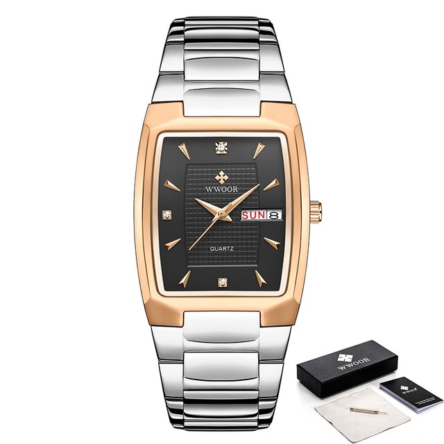 WWOOR 2024 Mens Square Watch Luxury Gold Stainless Steel Quartz Wristwatch