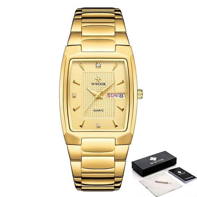 WWOOR 2024 Mens Square Watch Luxury Gold Stainless Steel Quartz Wristwatch