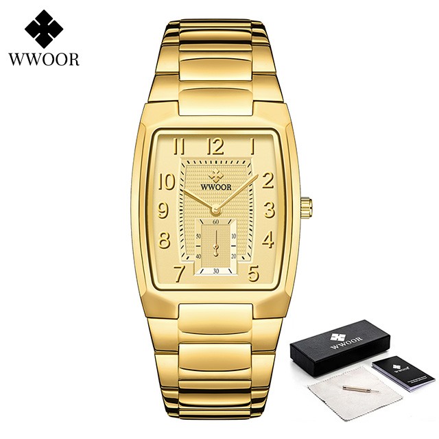 WWOOR 2024 Mens Square Watch Luxury Gold Stainless Steel Quartz Wristwatch