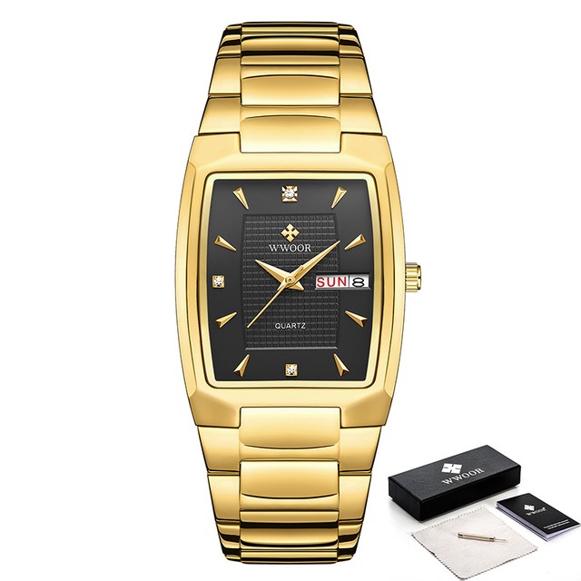 WWOOR 2024 Mens Square Watch Luxury Gold Stainless Steel Quartz Wristwatch