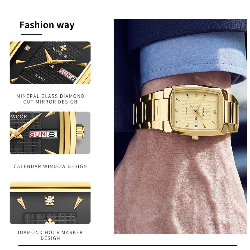 WWOOR 2024 Mens Square Watch Luxury Gold Stainless Steel Quartz Wristwatch