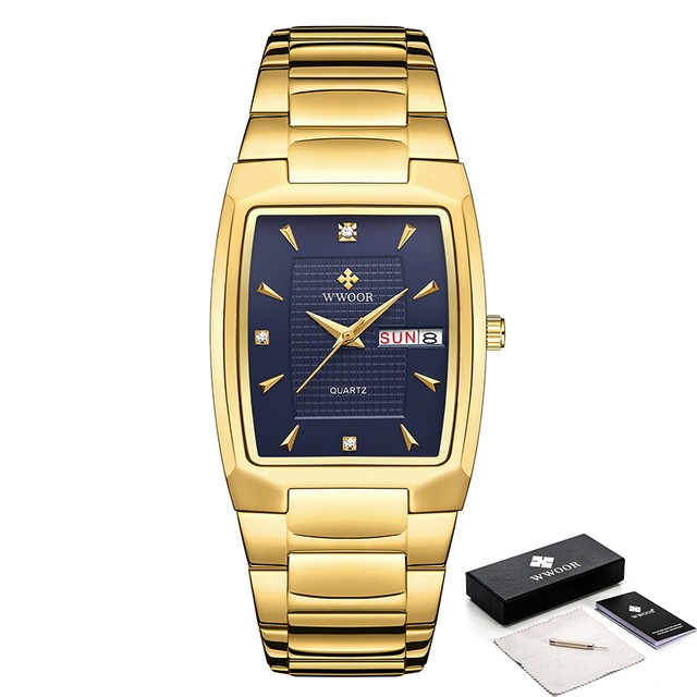 WWOOR 2024 Mens Square Watch Luxury Gold Stainless Steel Quartz Wristwatch