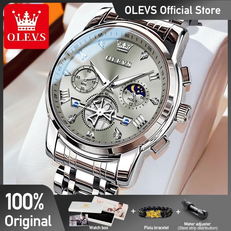 OLEVS Mens Classic Multifunction Quartz Watch Flywheel Chronograph with Moon Phase & 24-Hour Display