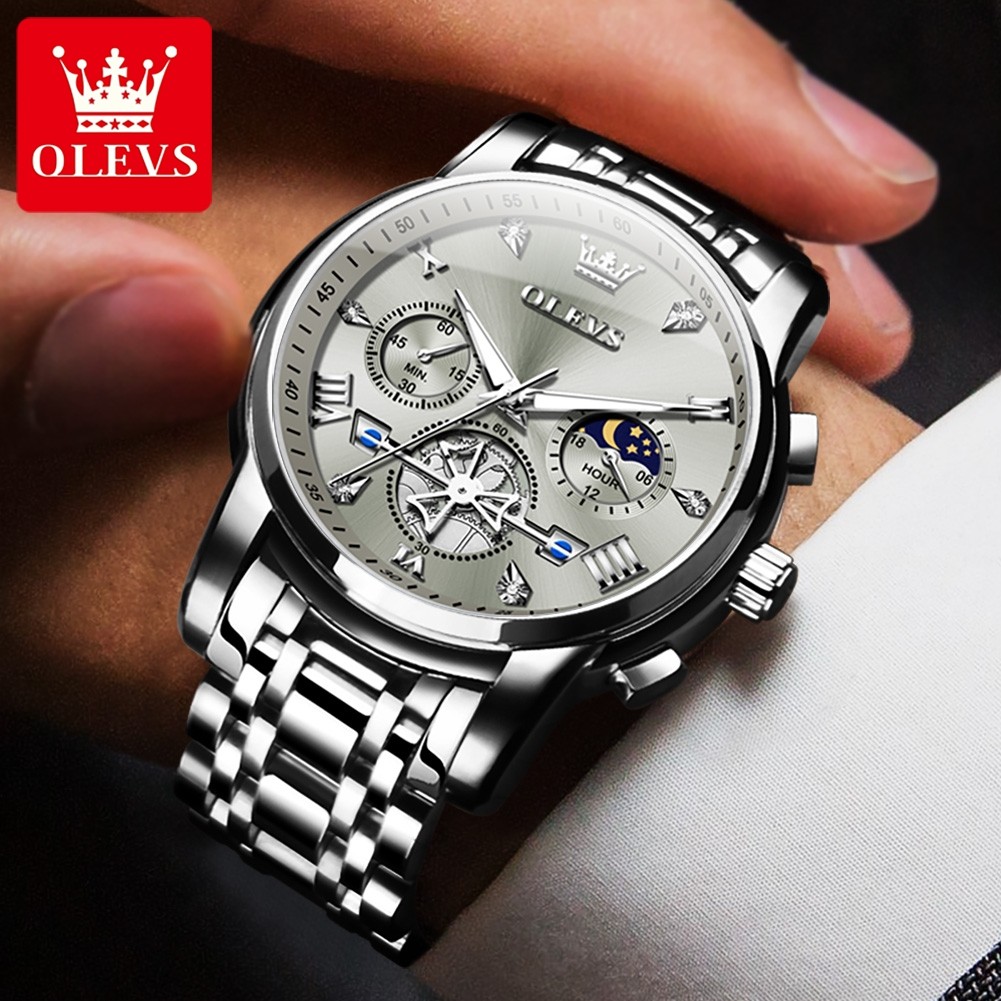 OLEVS Mens Classic Multifunction Quartz Watch Flywheel Chronograph with Moon Phase & 24-Hour Display