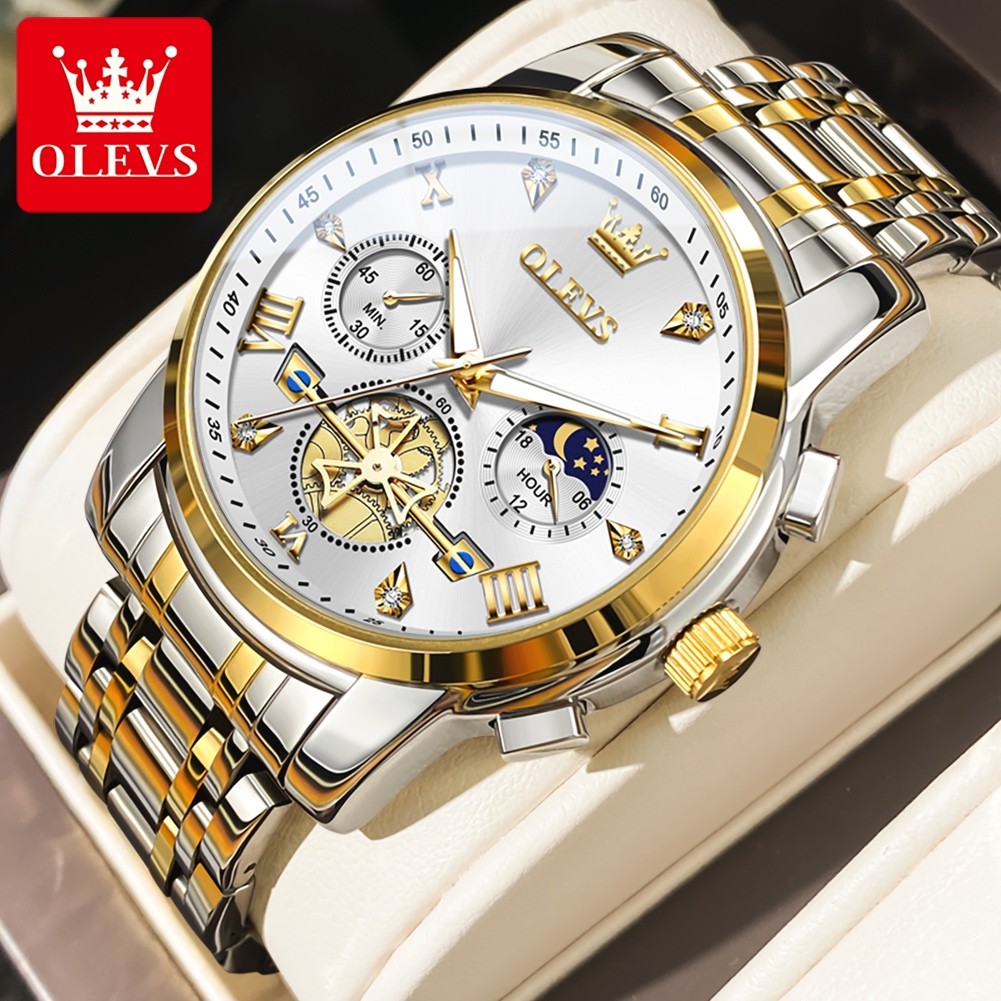 OLEVS Mens Classic Multifunction Quartz Watch Flywheel Chronograph with Moon Phase & 24-Hour Display