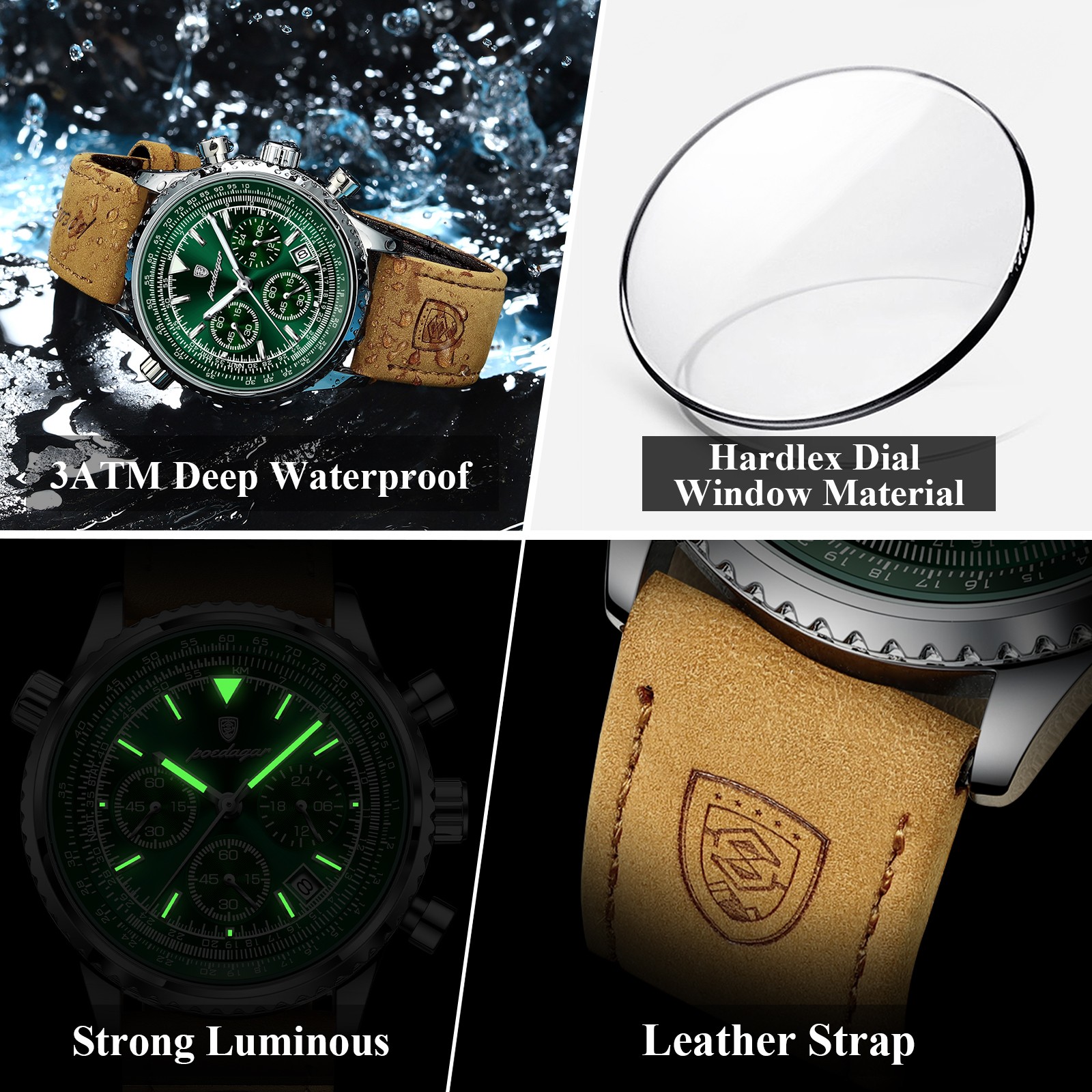POEDAGAR Luxury Mens Quartz Watch Waterproof Luminous Chronograph with Date & Leather Strap