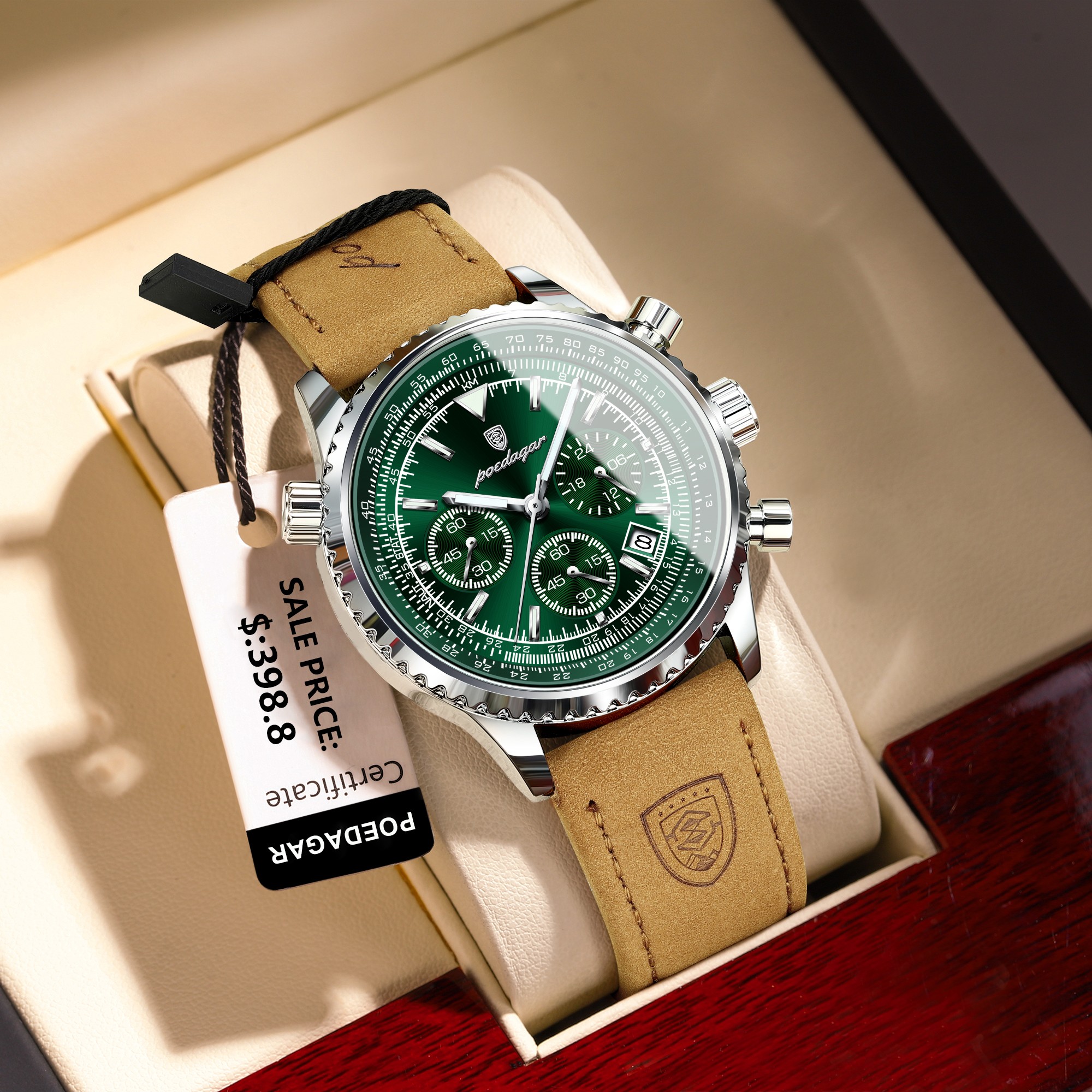 POEDAGAR Luxury Mens Quartz Watch Waterproof Luminous Chronograph with Date & Leather Strap