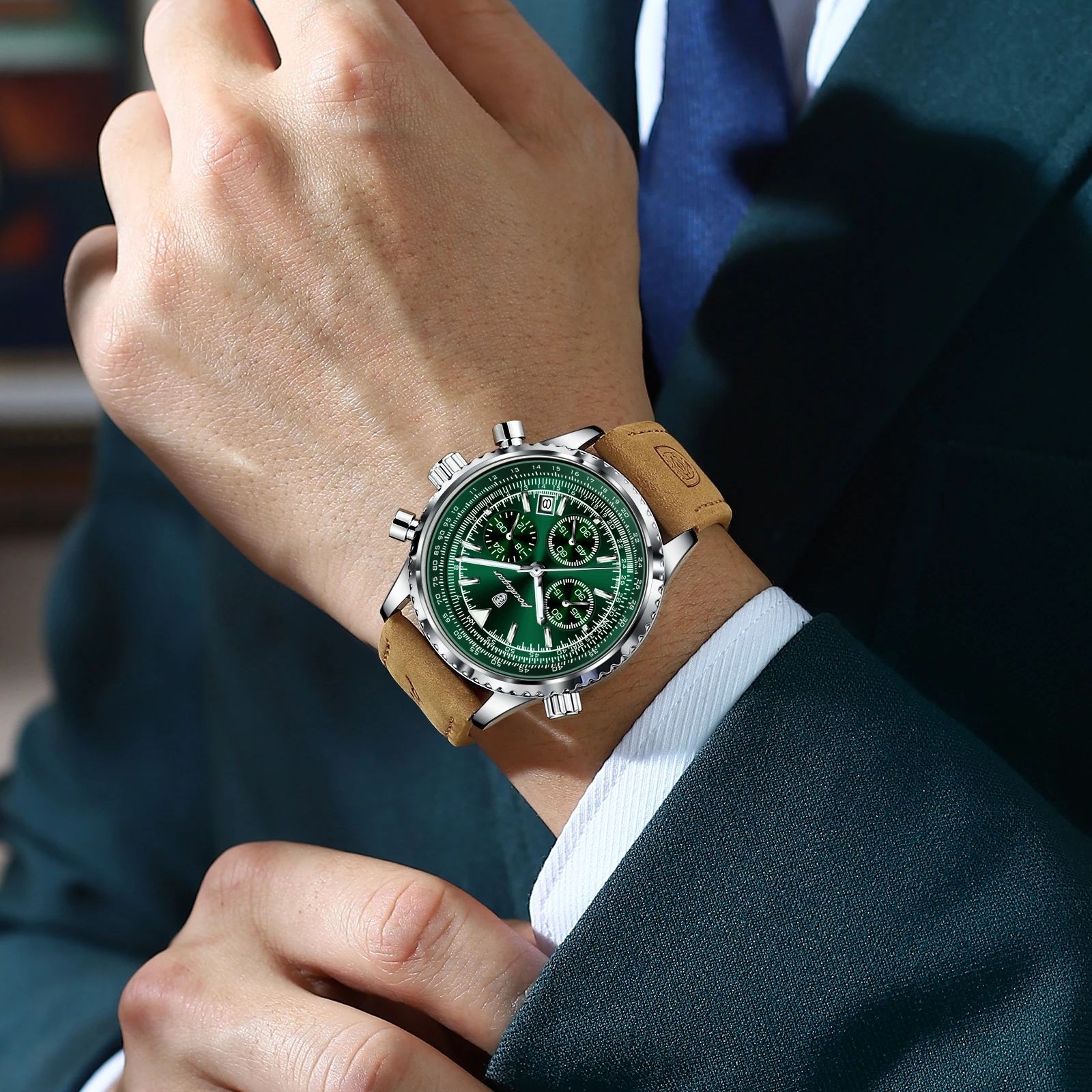 POEDAGAR Luxury Mens Quartz Watch Waterproof Luminous Chronograph with Date & Leather Strap
