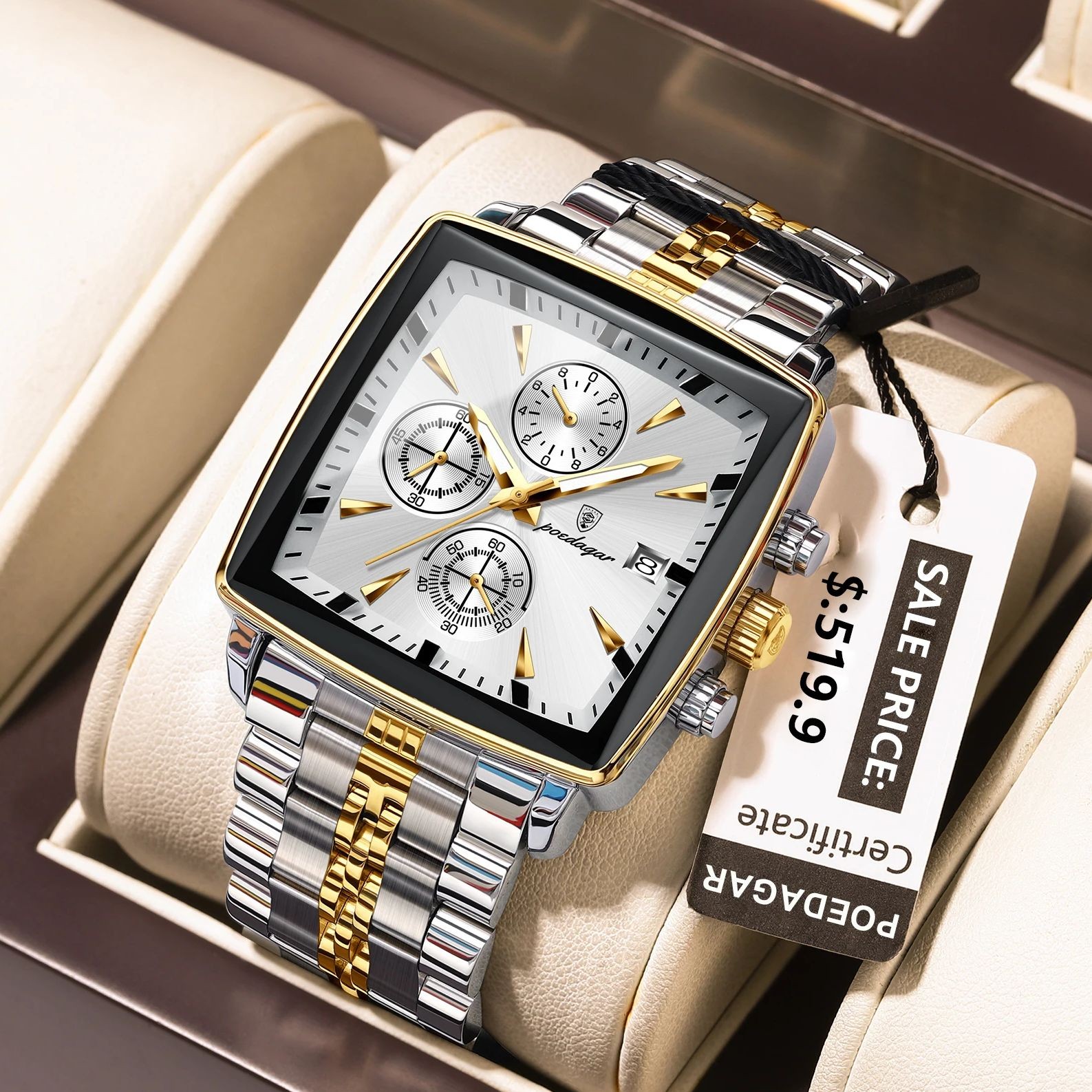 POEDAGAR Luxury Square Mens Sports Watch