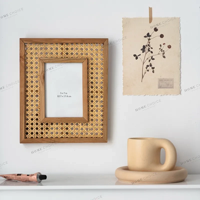 Rectangular Solid Wood Rattan Photo Frame
