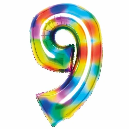 Large Number 9 Bright Rainbow Foil Balloon 57cm w x 91cm h