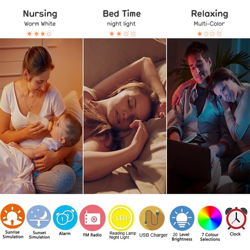 Wake Up Light Alarm Clock Sunrise/Sunset Simulation, Dual Alarms, FM Radio, Nightlight with 7 Colors
