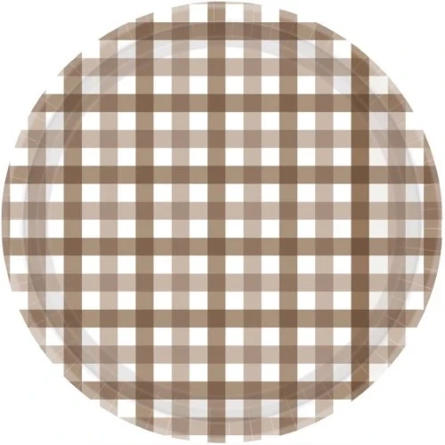 Gingham 23cm Paper Plate Teddy Brown    - Pack of 8