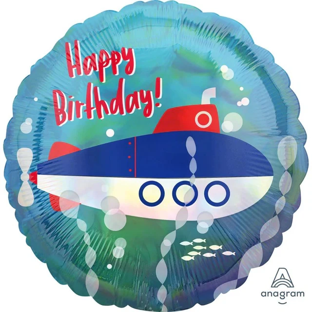 Foil Balloon - Standard Holographic Iridescent Submarine Happy Birthday (45cm)
