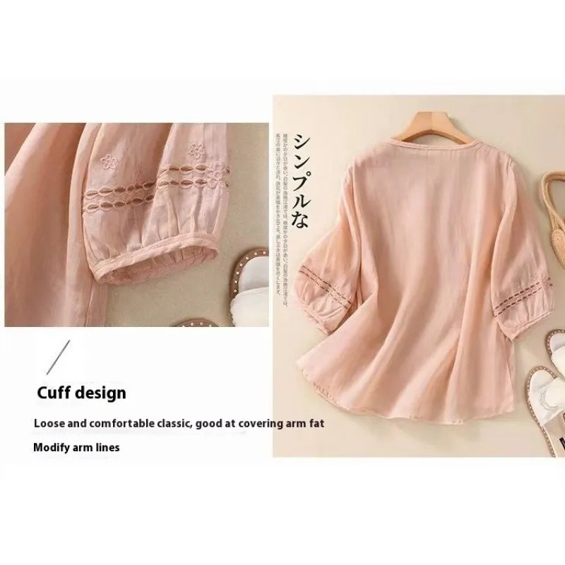 Spring And Summer Loose Artistic Vintage Cotton And Linen Embroidered Shirt