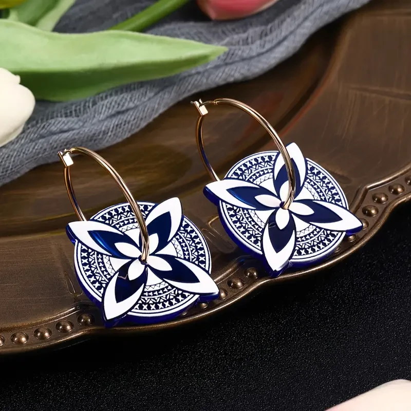 Blue and White Acrylic Butterfly Flower Earrings