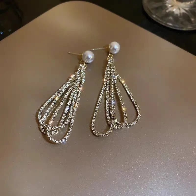 Diamond Pearl Earrings Long Tassel Earrings