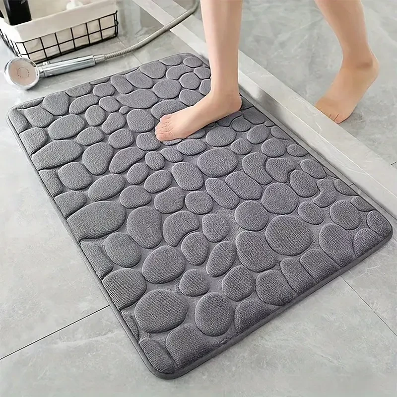 Non-Slip Memory Foam Bath Mat with Cobblestone Pattern  Quick Dry, Plush Polyester, Rubber Backing, Machine Washable Rug
