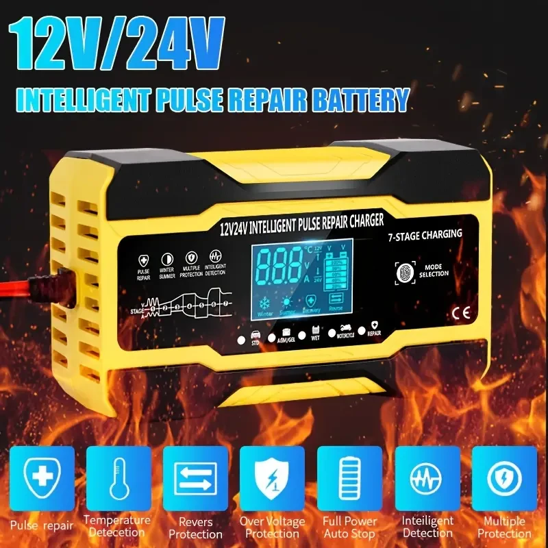 RJTianye Car Battery Charger 10 Amp - Intelligent Fully Automatic Charger, 12V/24V Maintenance Trickle Charger with Temperature Compensation for Lead-Acid Batteries