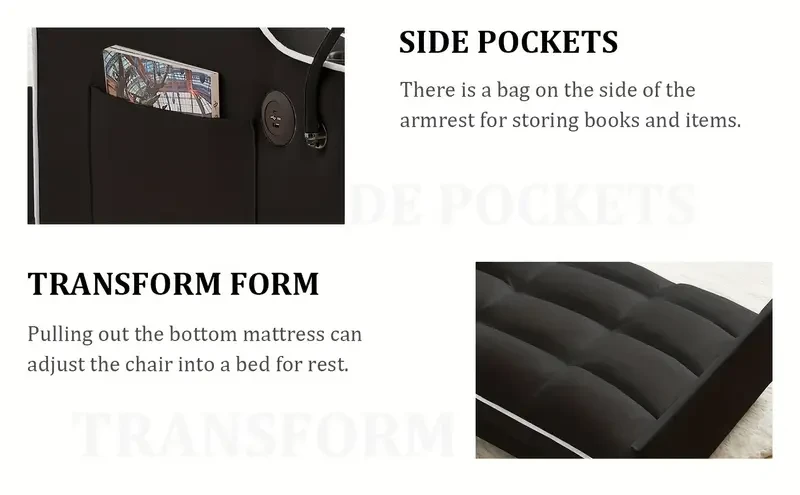 3 in 1 Convertible Sleeper Sofa Chair Bed with Adjustable Backrest, Phone Holder, and USB Type-C - Black