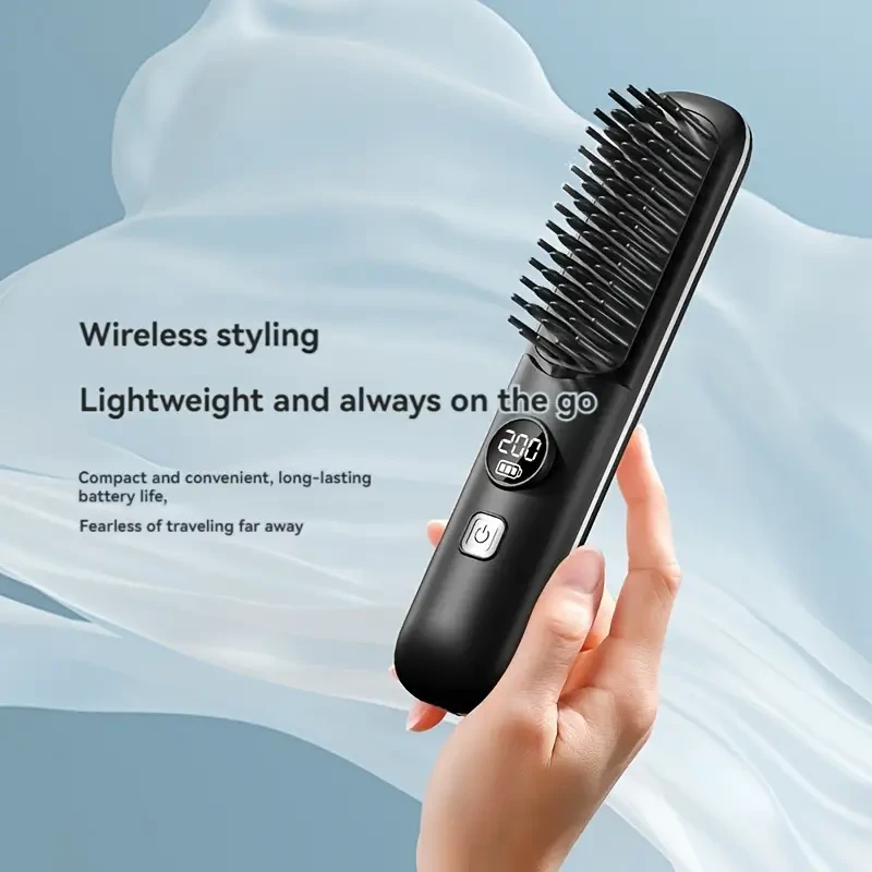 USB Rechargeable Hair Straightening Brush with LED Display, Fast Heating, Anti-Scald, Auto-Off, Thermostatic Control, 2000mAh Lithium Battery for Wet/Dry Use, Portable Ionic Hair Care Comb for Travel & Daily Use, 5 Temperature Settings