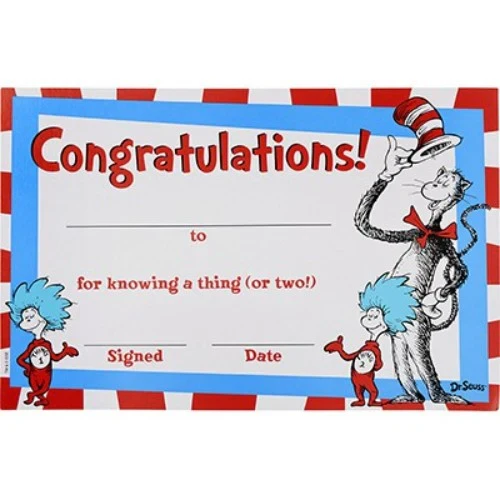 Dr Seuss Cat in the Hat Certificates Congratulations - Pack of 12