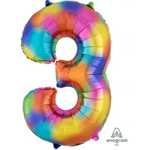 Large Number 3 Bright Rainbow Foil Balloon 53cm w x 87cm h