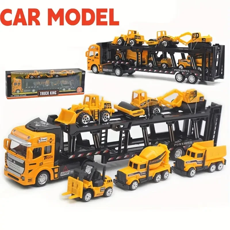 Truck King Die-Cast Toy Set - 32CM Semi-Truck with 6 Mini Construction Vehicles