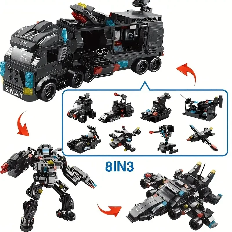 8 In 1 City Series Building Blocks 3 Changes SWAT Station Assembled Car City Machine Helicopter Robot Diy Educational Toys For Children