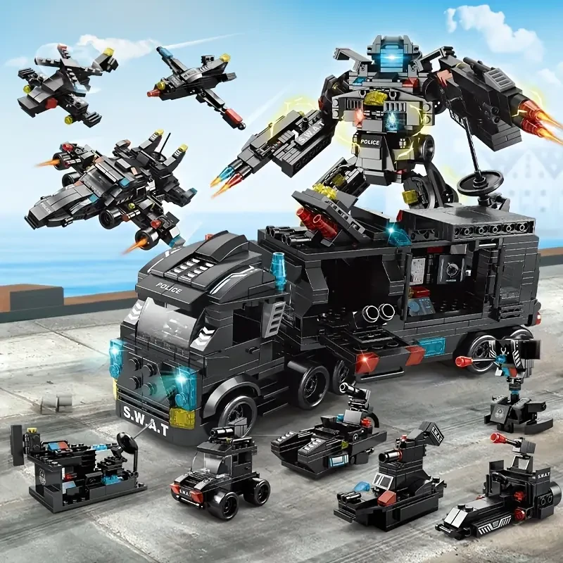 8 In 1 City Series Building Blocks 3 Changes SWAT Station Assembled Car City Machine Helicopter Robot Diy Educational Toys For Children