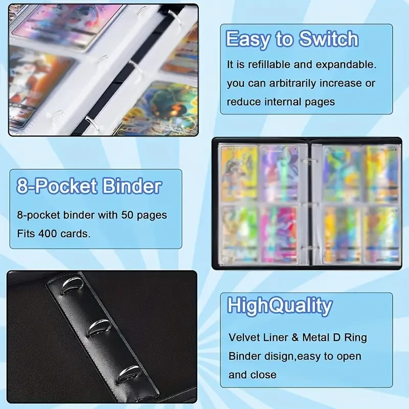 400/900 Cards Binder 4/9 Pockets Zip Trading Card Album Folder Case Collectors PU Collection Binder, Collector Album, Card Folder For MTG, TCG, Sports Cards, As Halloween, Chrismas Gift (Black)