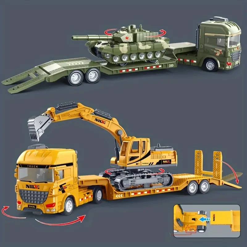 Inertia Toy Trucks Set for Kids with Excavator and Military Tank, Manual Push Power, 2 Large Transport Trailer Vehicles, Educational Engineering Playset for Children Aged 3-6 Years