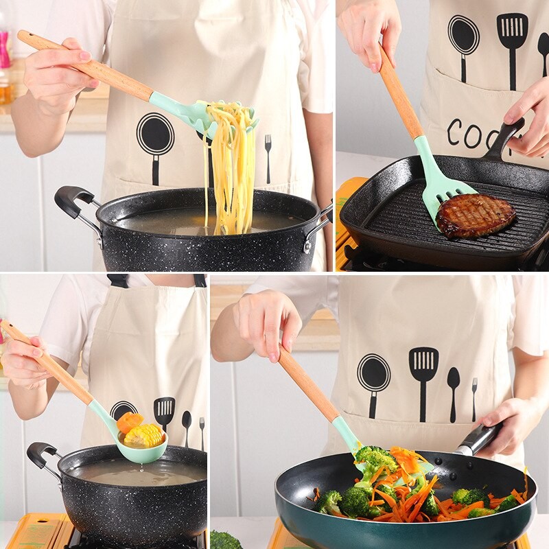 12Pcs Wooden Handle Silicone Kitchen Utensils With Storage Bucket