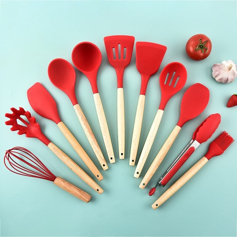 12Pcs Wooden Handle Silicone Kitchen Utensils With Storage Bucket