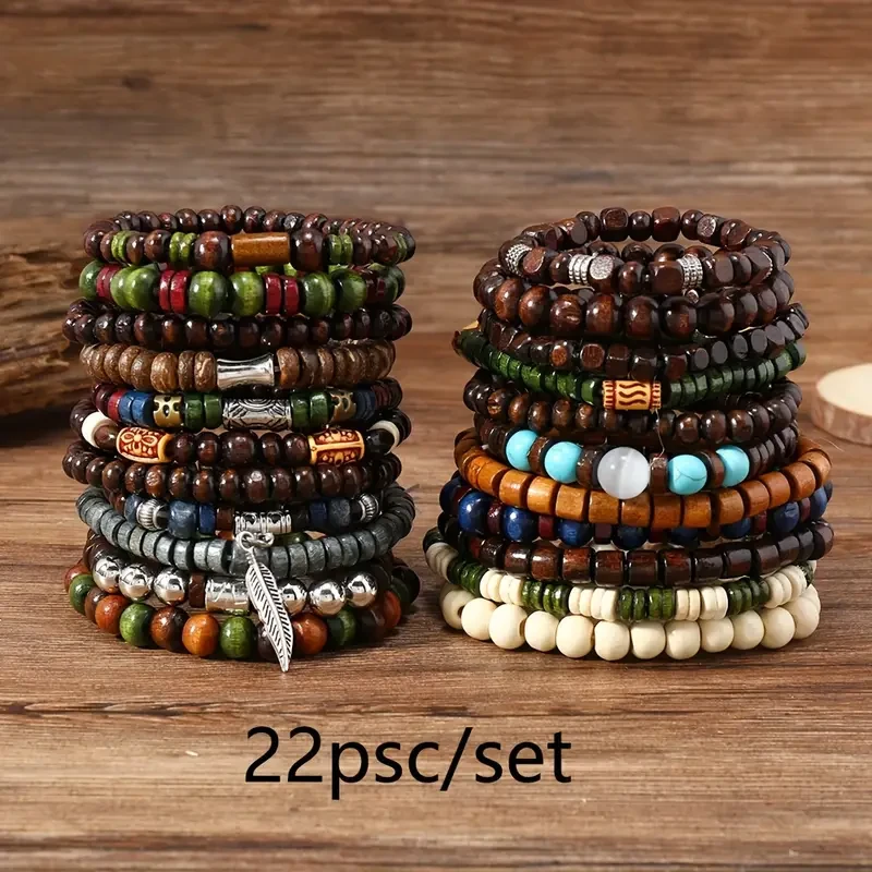 Set Vintage Style Bohemian Wooden Beaded Bracelets